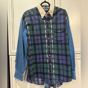 Vintage Wrangler Mens Western Denim LS Shirt L  Aztec Blue Green Plaid Tri Color